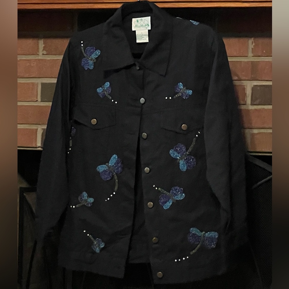 M Quacker Factory Dragonfly Beaded Embroidered Light Weight Jacket, pockets